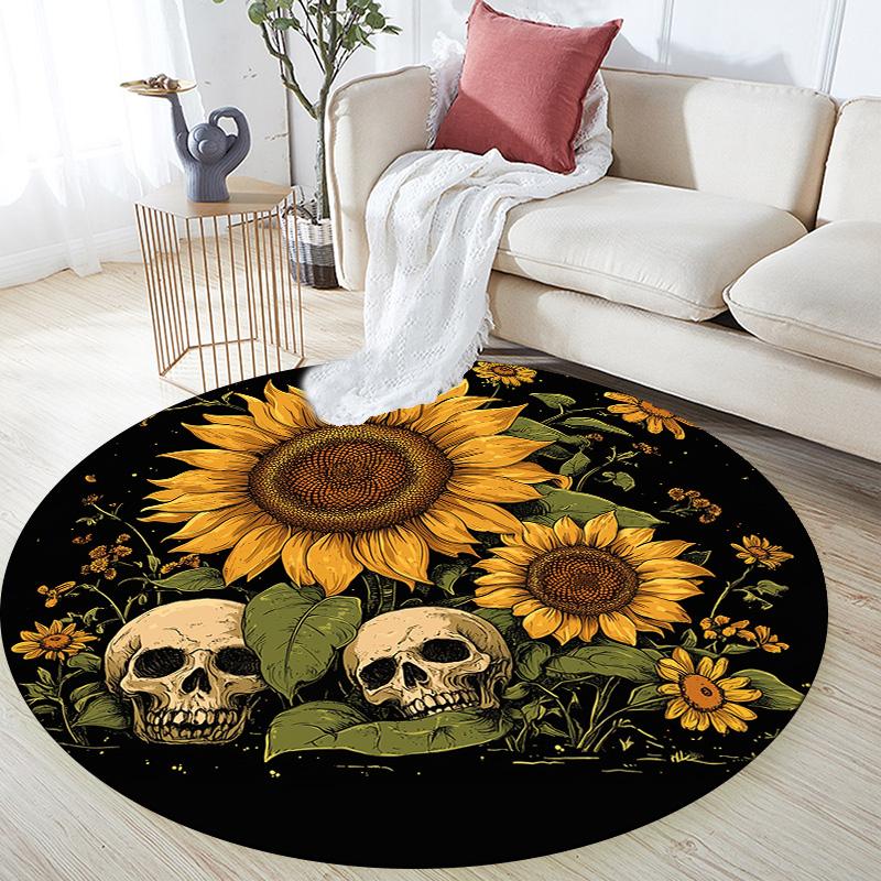 Sunflower and Skull,Round Area Rug,Carpet Rug for Living Room Bedroom Sofa Playroom Decor,Non-slip Floor Mat