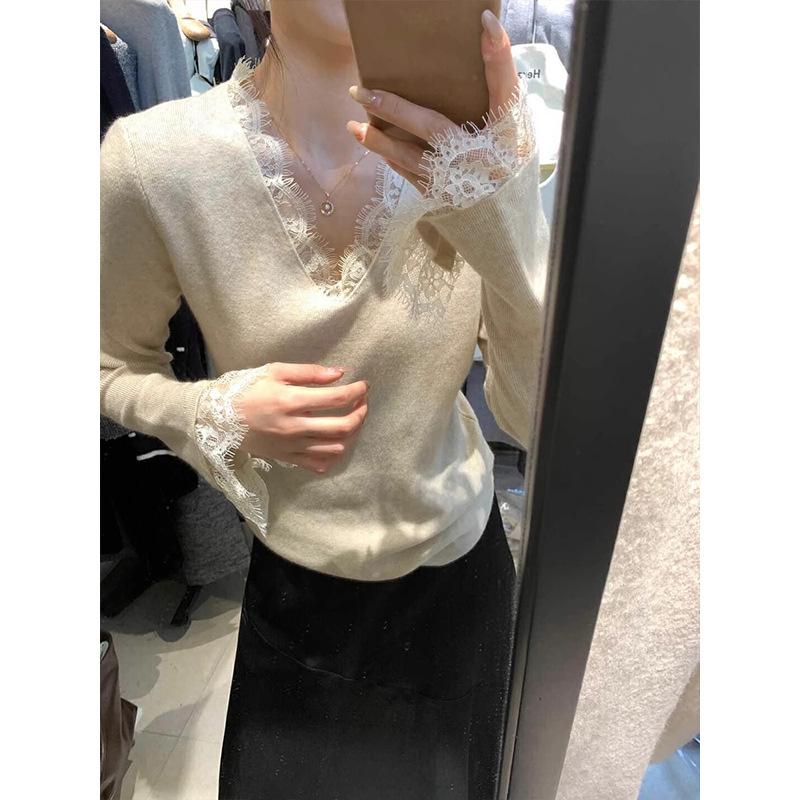 Lace neck knitted sweater women's high-end flared sleeve top spring versatile temperament inner bottoming shirt