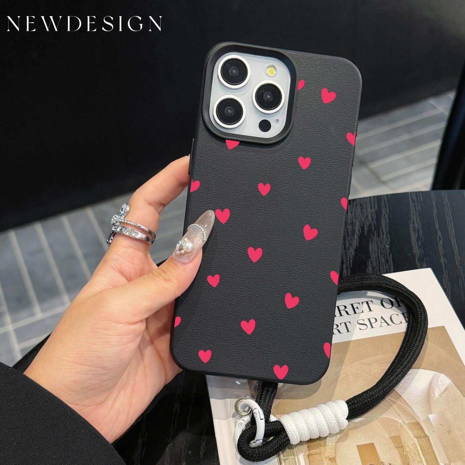 Luxury INS Pink Love Heart Phone Chain Lanyard Case For iPhone 17 16 15 14 13 12 Pro Max 11 Plus Shockproof Lichee Pattern Cover iPhone 14 Pro Max
