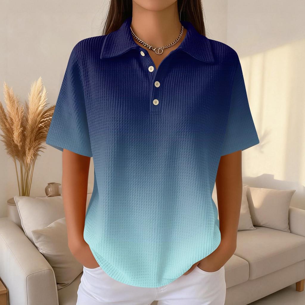 Polo Décontracté à Manches Courtes pour Femme en Tricot Gaufré Col Boutonné Coupe Ample Haut Léger pour un Usage Quotidien