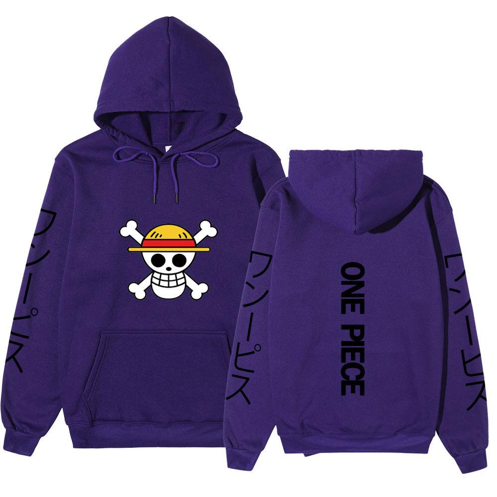 One Piece Straw Hat Jolly Roger Hoodie, Japanese Letter Sleeve Print Pullover Sweatshirt Unisex Casual Streetwear
