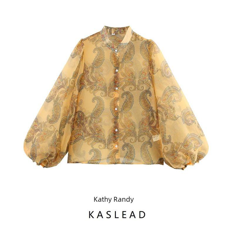 Kaslead New Women clothes Western Style Fashion Print Organza Puff sleeve Shirts