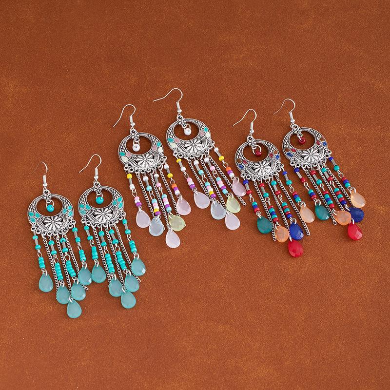 Super Fairy Tassel Long Retro Earrings Women'S Summer Ethnic Vacation Style Stud Earrings Water Droplets Colored Rice Beads Beaded Earrings