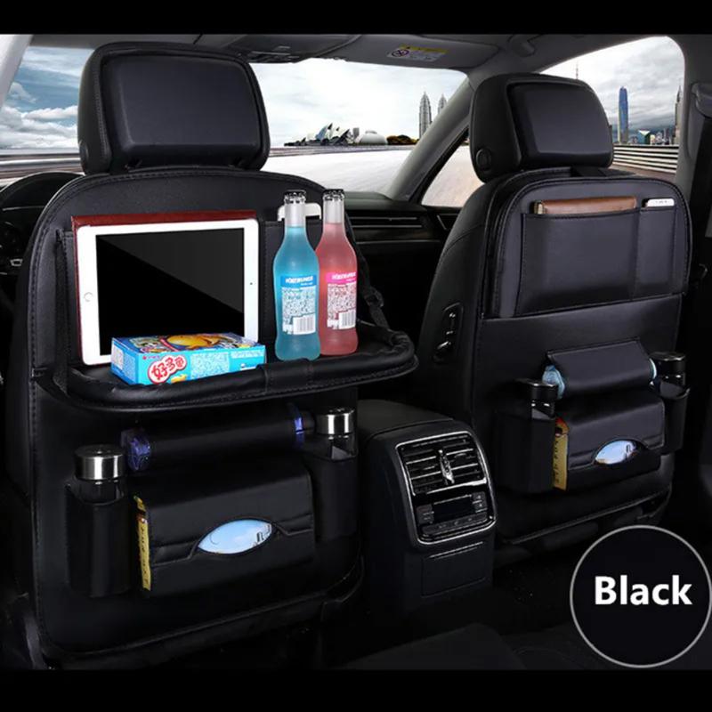 Car Seat Back Organizer with Foldable Table Tray PU Leather Storage Organizer Pockets Kick Mats Seat Interior Accessories