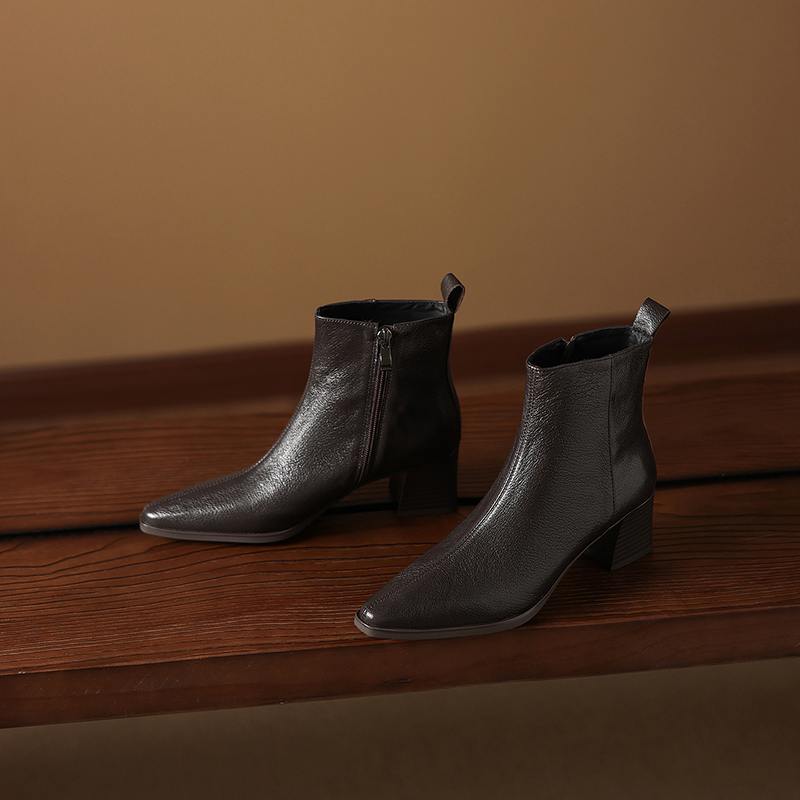 Krazing Pot Zimní kožené kozačky na středním podpatku se špičatou špičkou Chelsea pro ženy, elegantní dámské kotníkové boty na zip