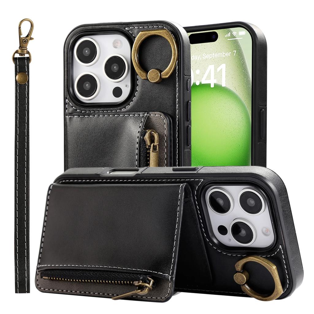 Luxury Leather Card Bag Slot Phone Case for IPhone 16 15 14 16E 13 12 17 Pro Max Plus Cases Stand Sleeve Cover with Wrist Band