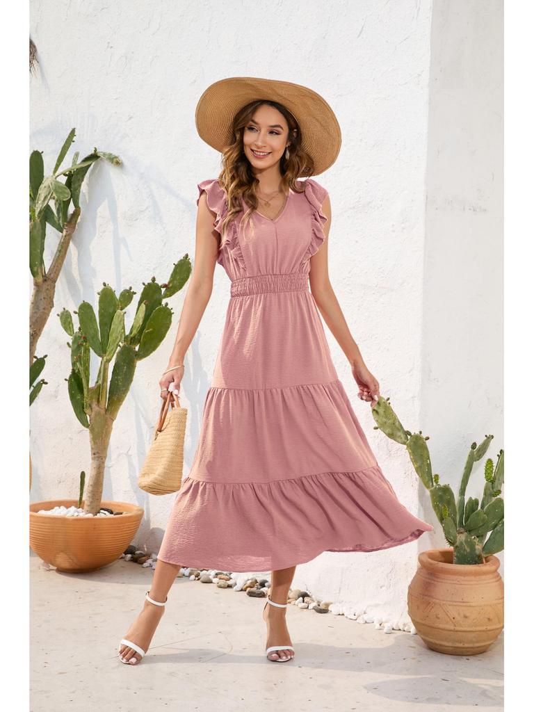 "V-Neck High Waist Layered Maxi Dress - Casual Holiday Travel"