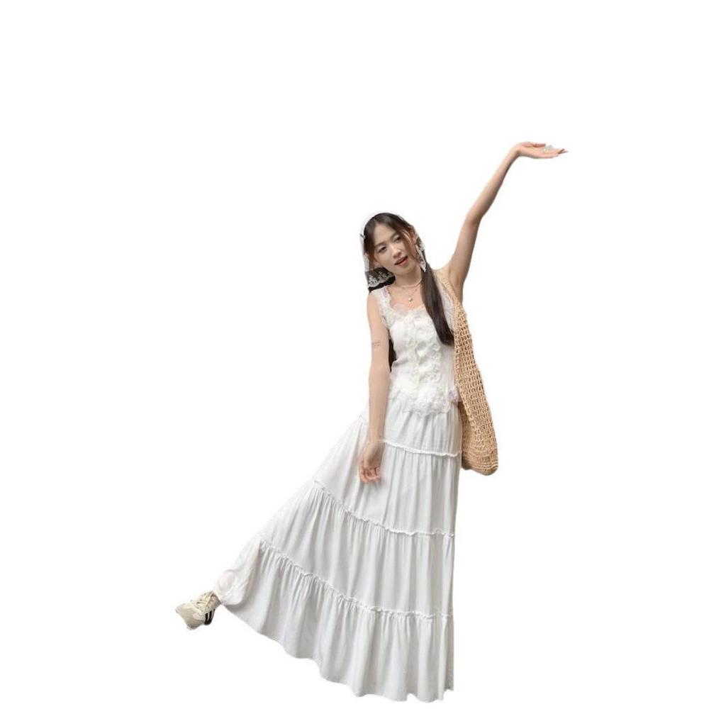Suit Women's Summer Sweet and Spicy Lace Suspender Vest Super Fairy Long Dress White Skirt Two-piece Set Gentle Wind