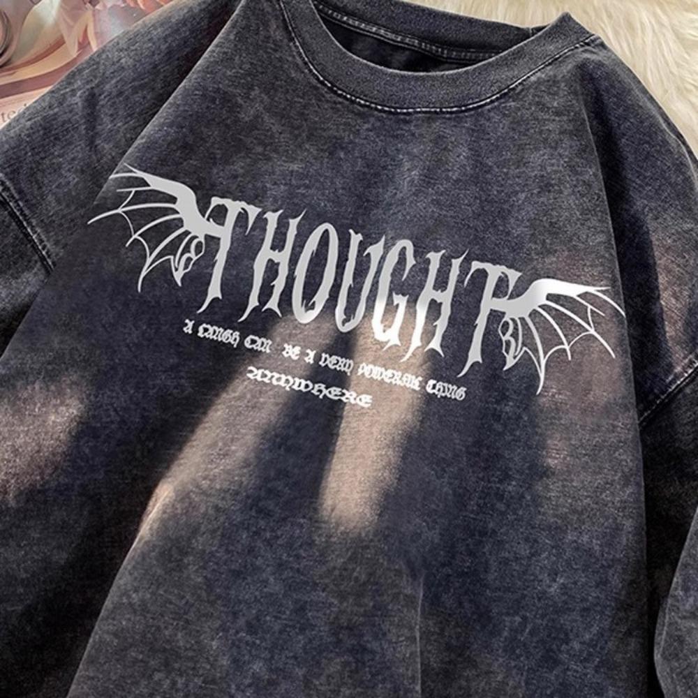 Vintage Washed Black Death Metal Style Thorn Letter Print T-Shirt  Gothic Streetwear Oversized Short Sleeve