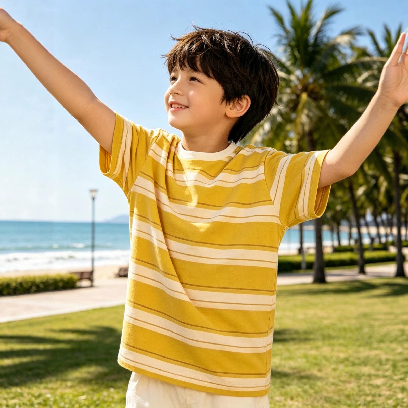 Korean Style Boys Striped Short-Sleeve T-Shirt – Summer Trend, Breathable, Medium/Large Sizes, Round Neck 130cm