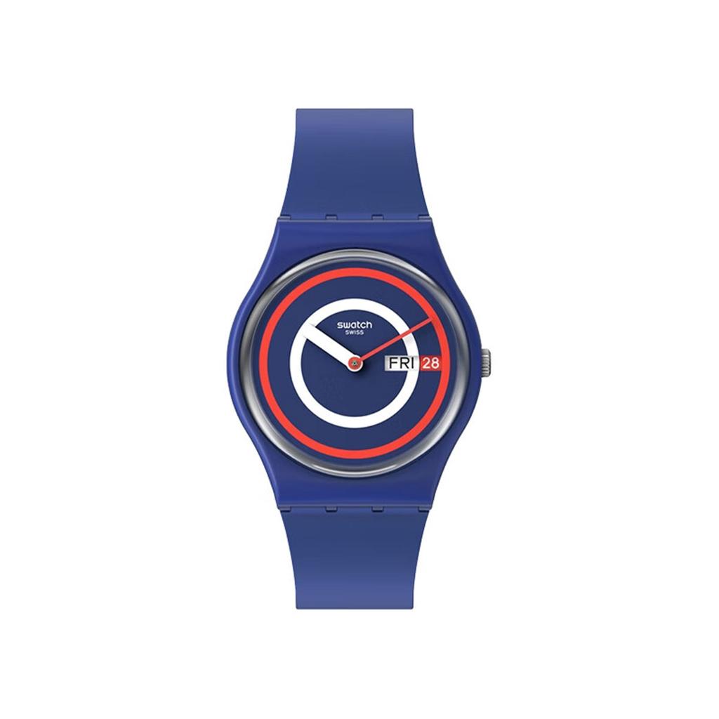 SWATCH Gent Series Quartz Movement Minimalist Blue Unisex Swiss Watch 34mm Black Dial Biosource Material Case Silicone Strap SO28N703