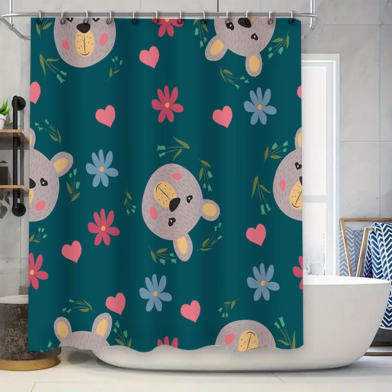

Bathroom Shower Curtain Blue Tiled Walls Decorative Flower Bear Pattern Waterproof Fabric Home Decoration Floral Bears Green Bac 90x180cm