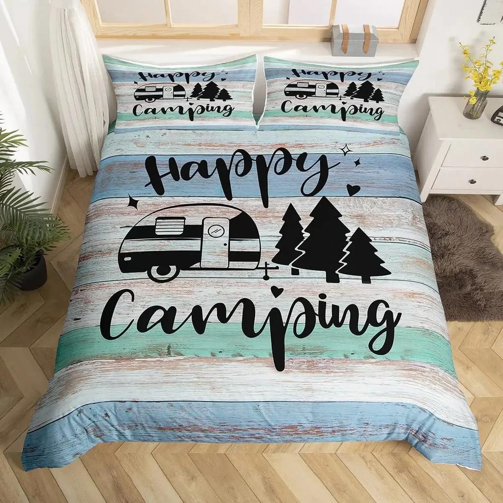 Happy Camping Bettbezug-Set Camper Bettdeckenbezug Vintage Alte Scheunentür Bettwäscheset Cowboys Holz Bauernhausstil Tagesdecke