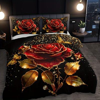 3Pcs Luxurious Golden Rose Duvet Cover Set - Includes 1 Duvet Cover & 2 Pillowcases Breathable Polyester