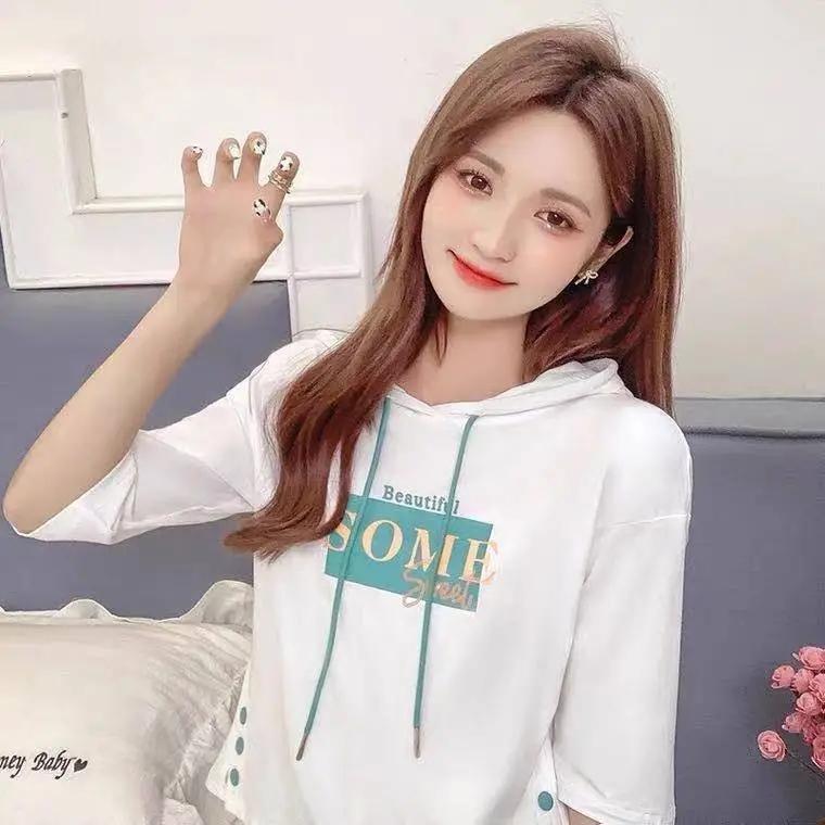 Short Sleeve 7 / 3 Sleeve Hooded Sweater Women's Middle Sleeve Spring and Summer Korean Loose Hooded Top