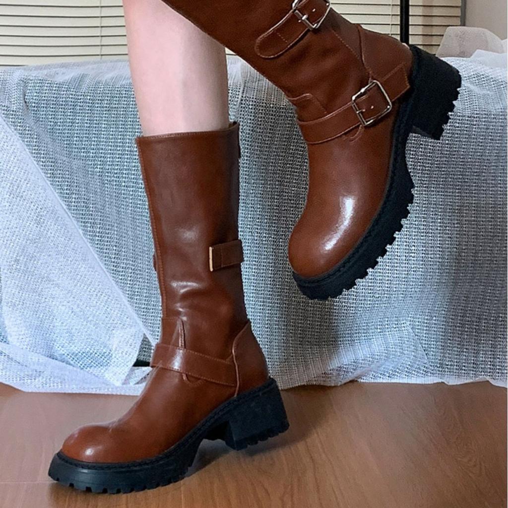 Thick-soled British Boots Women's Medium Boots Rear Zipper Martin Boots Versatile Long Knight Boots 2025 New Women's Boots