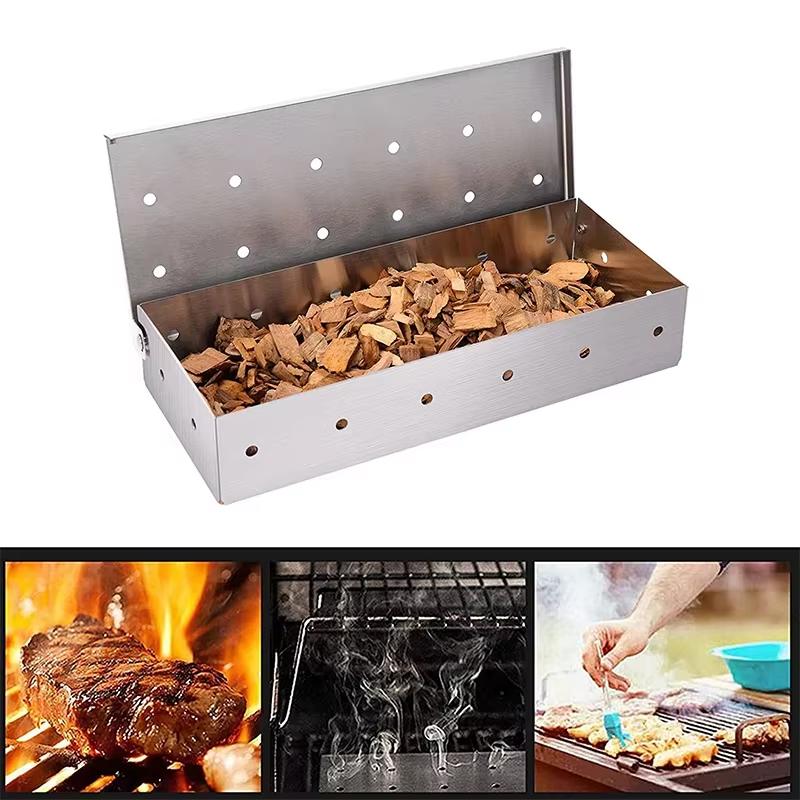 Stainless Steel Smoker Box Professional Rectangle Smoky Stainless Steel Smoker Box for Wood Chips BBQ Grilling