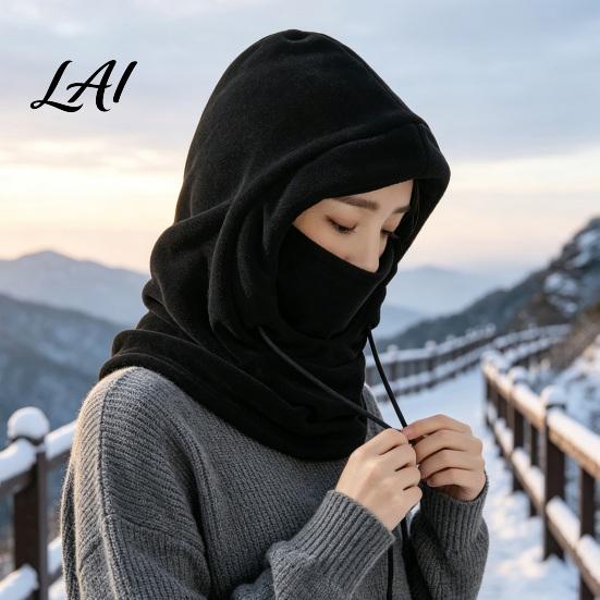 Full Coverage Fleece Neck Shield Winter Balaclava Hat with Drawstring Windproof Thermal Polar Hooded Scarf Gear for Autumn Sports Breathable