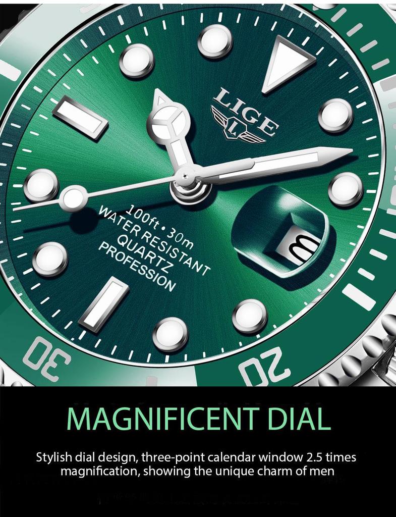 Orologio da Uomo Quarzo Fantasma Verde: Luminoso, Impermeabile, con Calendario - Stile Business di Alta Gamma.