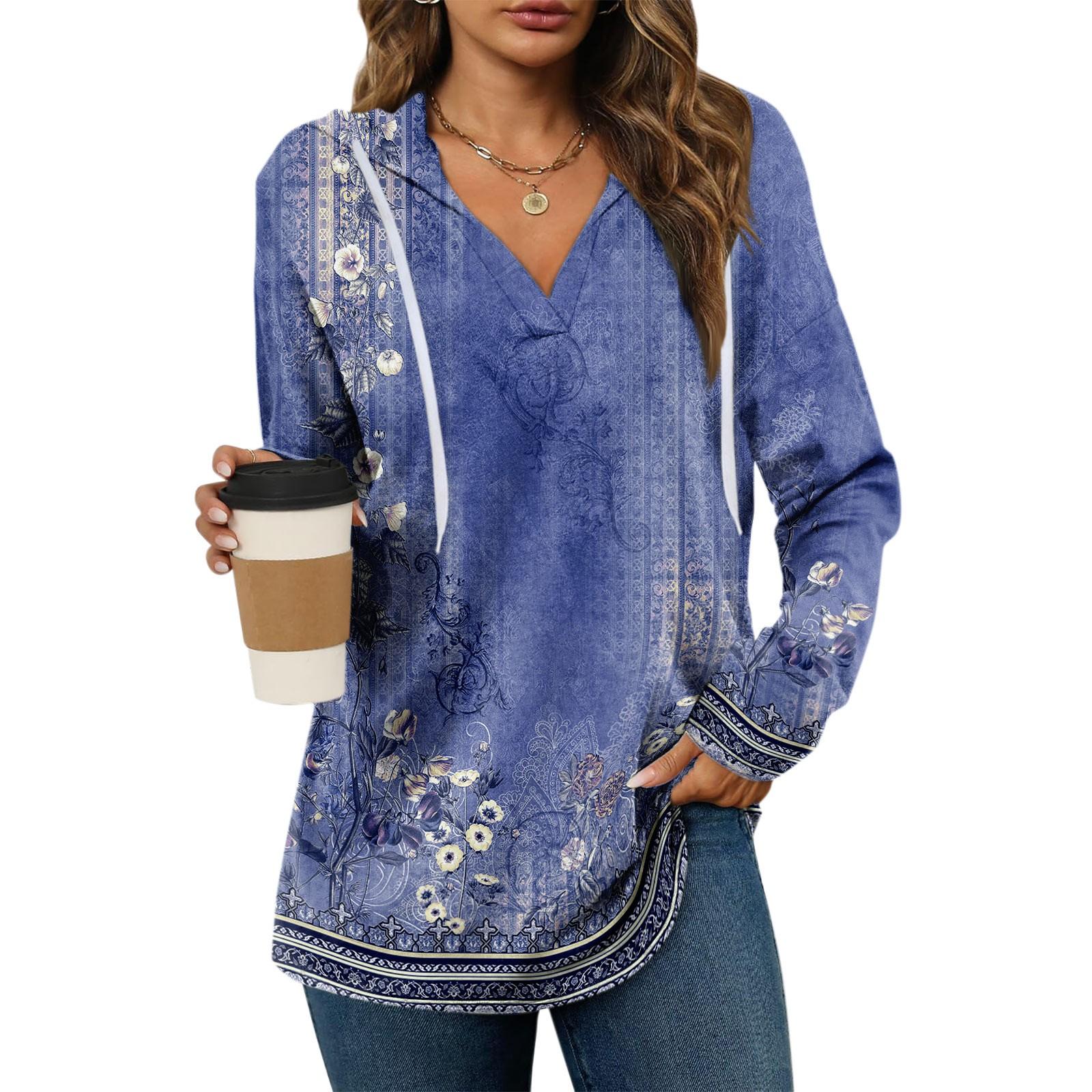 

Женские модные толстовки с v-образным вырезом и длинными рукавами, толстовки с принтом, повседневные свободные пуловеры на шнурке, топы XXL синий