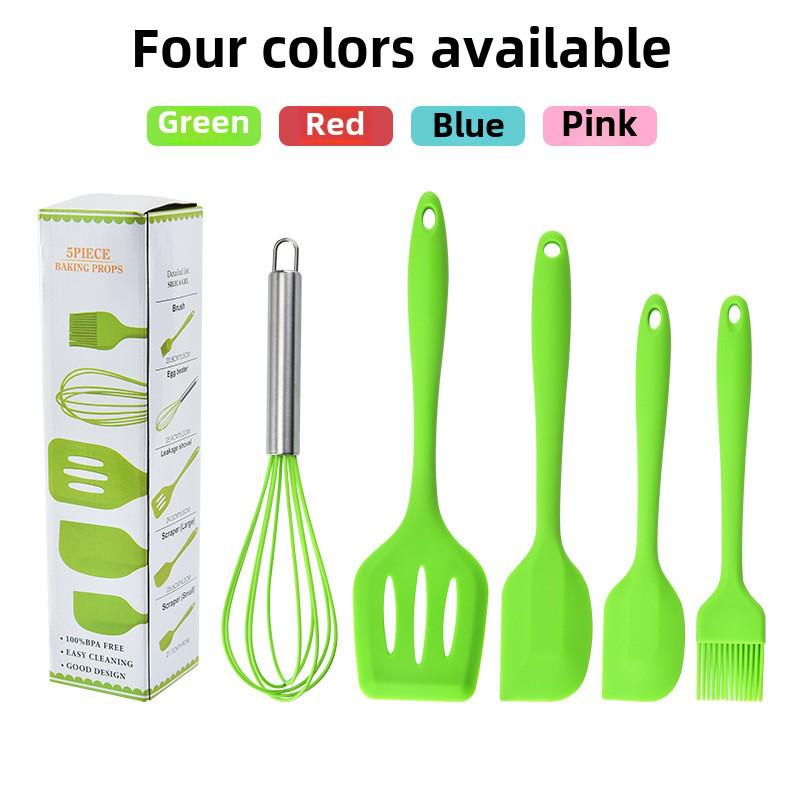 Five-Piece Silicone Kitchen Tool Set: Egg Beater, Scraper, Steak Frying Spatula, and Drain Spatula. Ideal for Baking and Cooking.