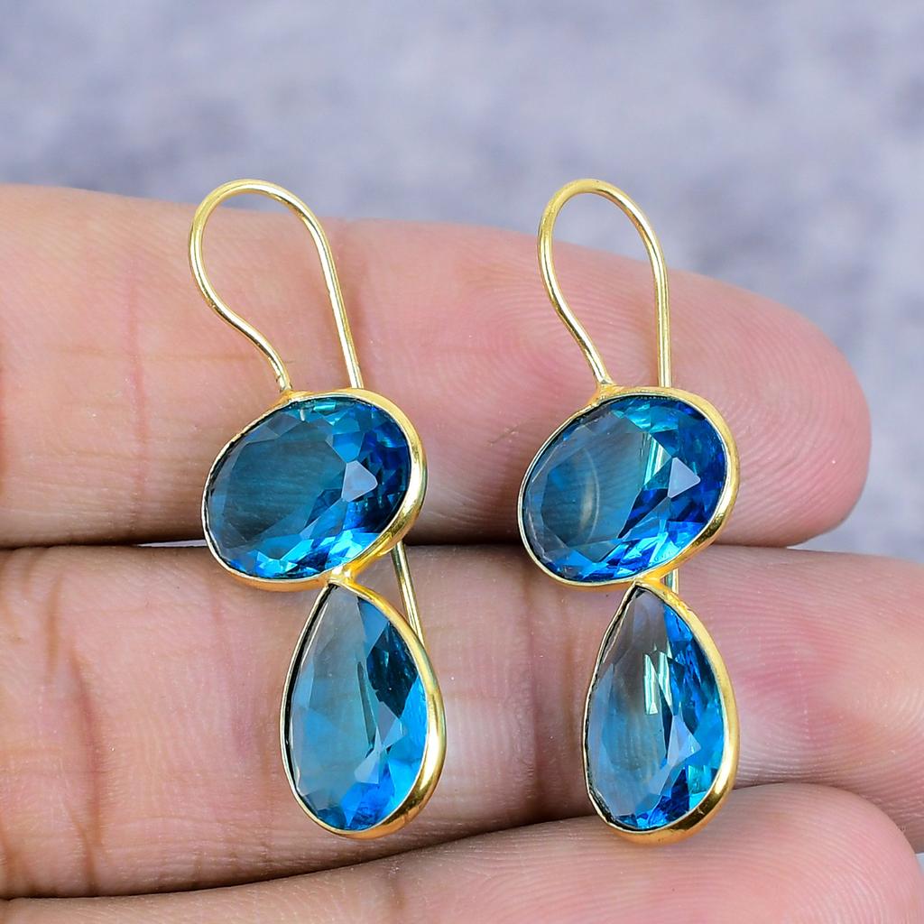 Swiss Blue Topaz Gemstone 925 Sterling Silver Jewelry Earring 1.46" M-2636