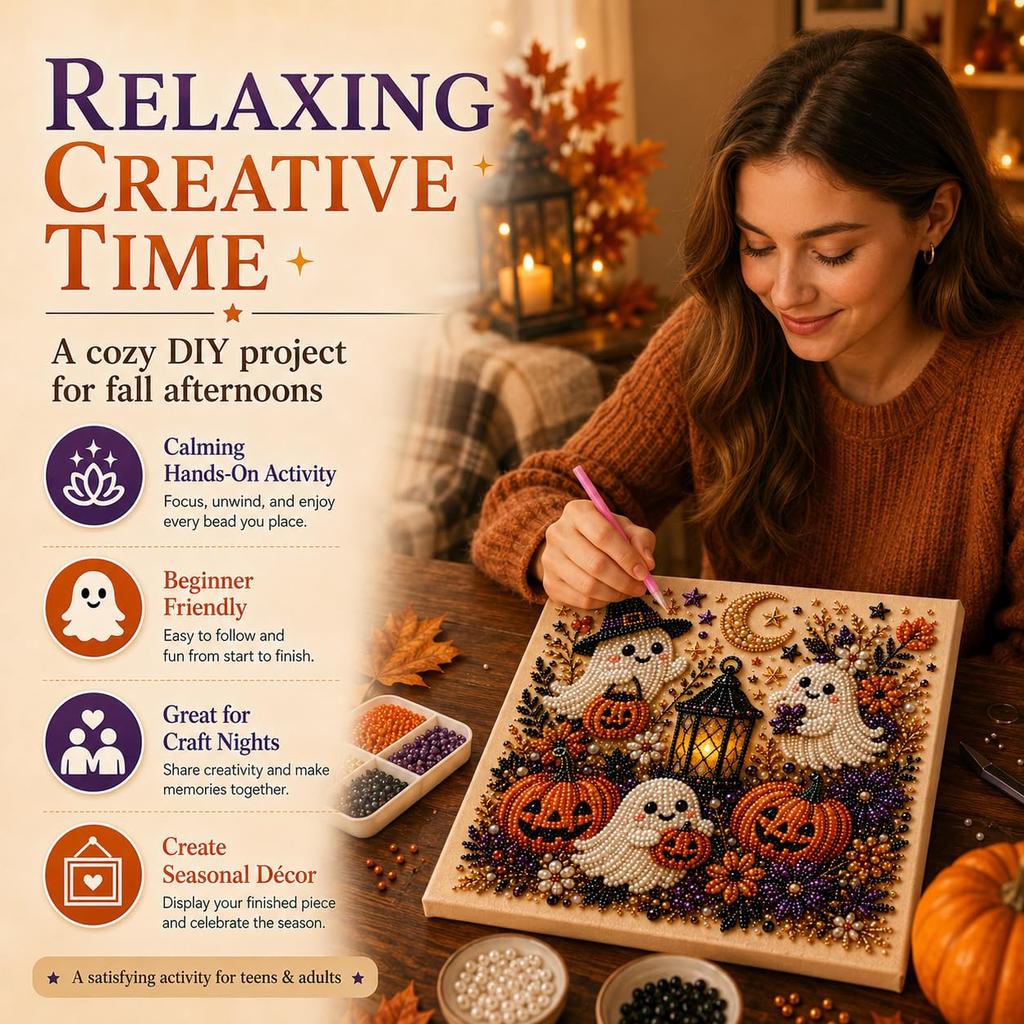 Halloween Ghost & Pumpkin 3D Pearl Art DIY Kit for Adults Cute Spooky Diamond Painting Craft Kit