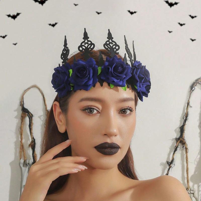 Bohemian Gothic Zombie Bride Headpiece - Black Rose Halloween Costume Accessory
