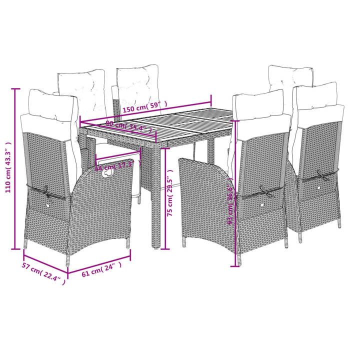 VidaXL Garden Dining Set with Cushions 7 Pcs, Table and Chairs with Adjustable Backrest, Outdoor Furniture, 3213099