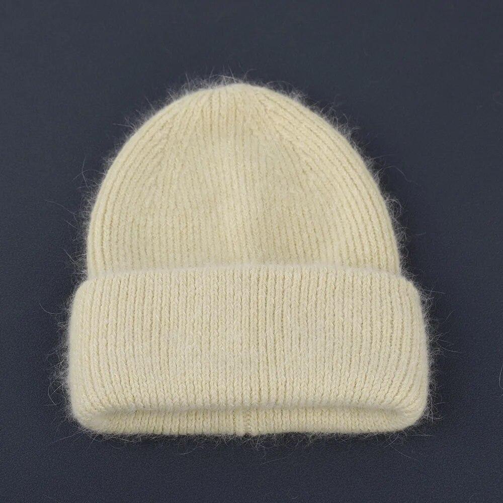Winter Real Rabbit Fur Knitted Beanies For Women Fashion Solid Warm Cashmere Wool Skullies Beanies Female Fold Thick Hats