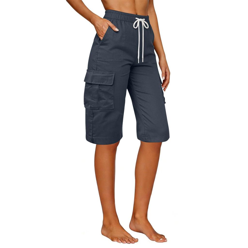 Women's Knee Length Cargo Shorts,Casual High Waisted Drawstring Bermuda Shorts With Pockets For Summer Hiking Work