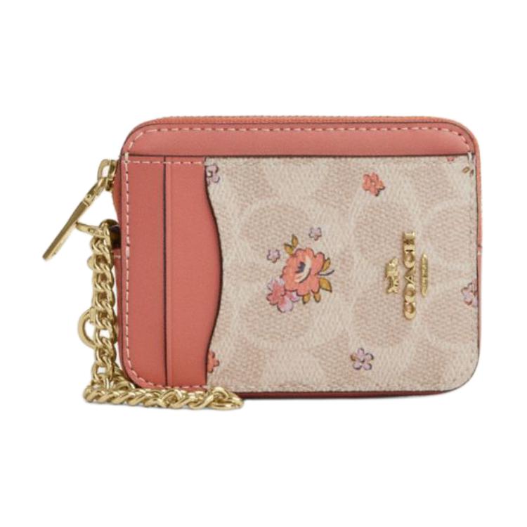 Coach Floral Print Metal Logo Design Leather Wallet Card Holder Women Wallets Pink CAU45-IMSAS Pink