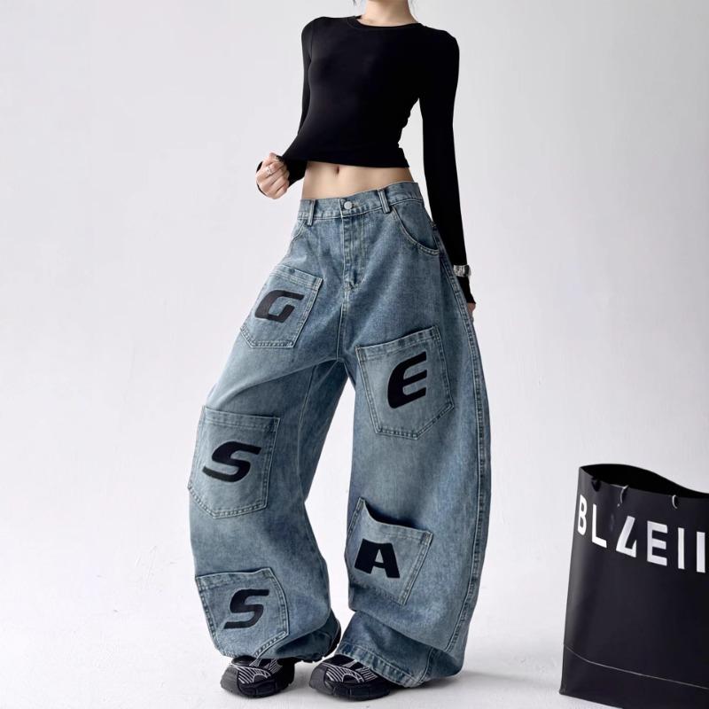 Vintage Washed Letter Print Multi-pocket Tooling Jeans Men's and Women's Loose Wide-leg Cutter Pants