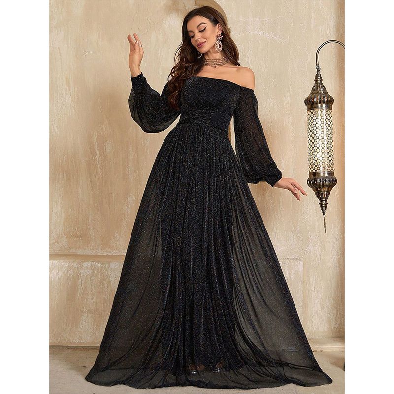 

Яркое шелковое платье с длинными рукавами-буфами Сексуальное облегающее с открытыми плечами Подружки Amazon Fashion Платье для подружки невесты Группа Вечернее платье Платье Black XL