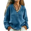 Damen Farbe Lässig V-Ausschnitt Langarm Pullover Baumwolle Leinen Oberteil