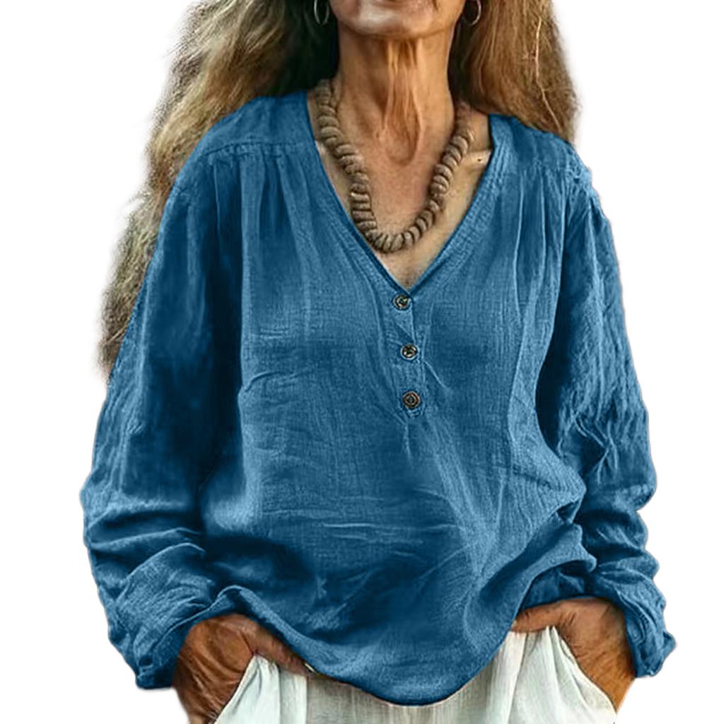 Damen Farbe Lässig V-Ausschnitt Langarm Pullover Baumwolle Leinen Oberteil