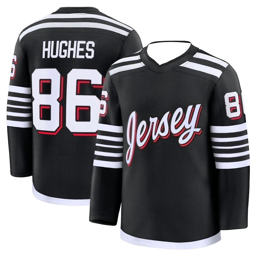 Хоккейный джерси Hughes 86 Черное с Белыми/Красными акцентами Надпись Hughes 86 Логотип Jersey Удобный базовый слой Лонгслив с V-образным вырезом S чёрный