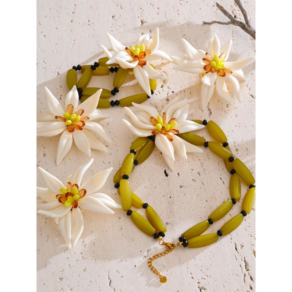Yhpup Waterproof Trendy Petal Flower Handmade Necklace Bracelet Earrings Ring Fashion Stainless Steel PVD Plated Popular Jewelry