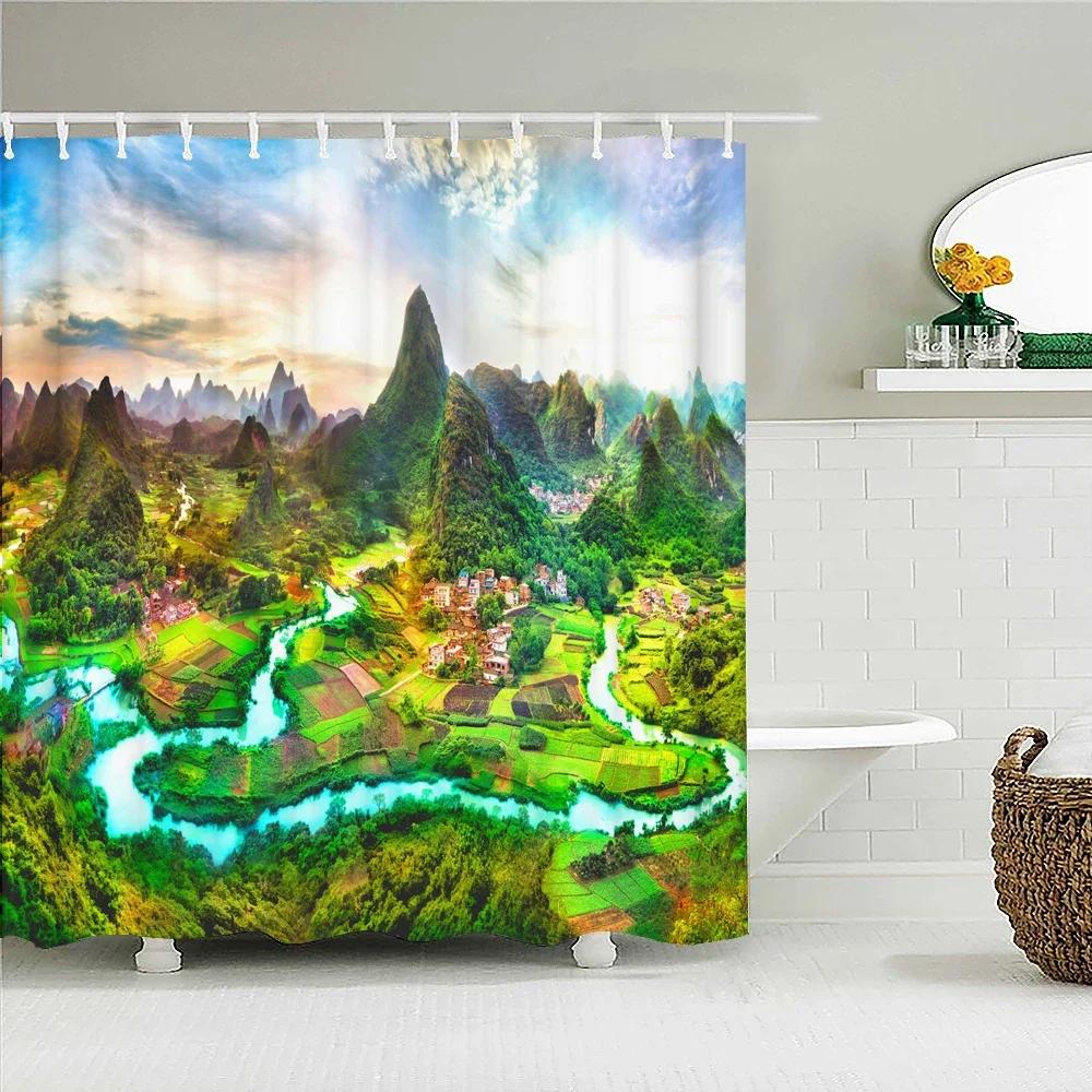 Bathroom shower curtain 3D nature forest landscape print polyester waterproof curtain home decoration curtain with hook 180x200