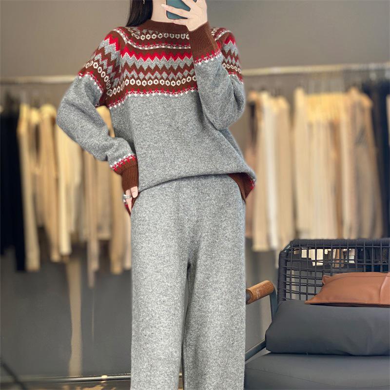 Wool Argyle Ethnic Style Retro Color Block Sweater & Long Pants Set for Women - Autumn/Winter Fashion
