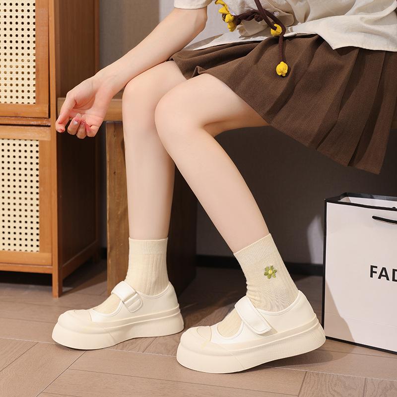 Women's shoes 2025 spring and summer big head Velcro muffin thick sole heightening round head shallow mouth Mary Jane small leather shoes women's shoe