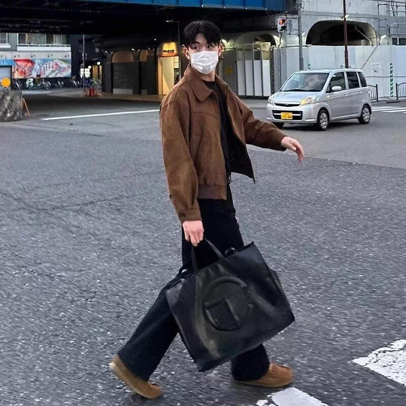 Giacca da pilota in camoscio coreana da uomo: Foderato in Velluto, Vestibilità Larga, Chiusura con Zip, Collo a Revers - Stile Autunno/Inverno