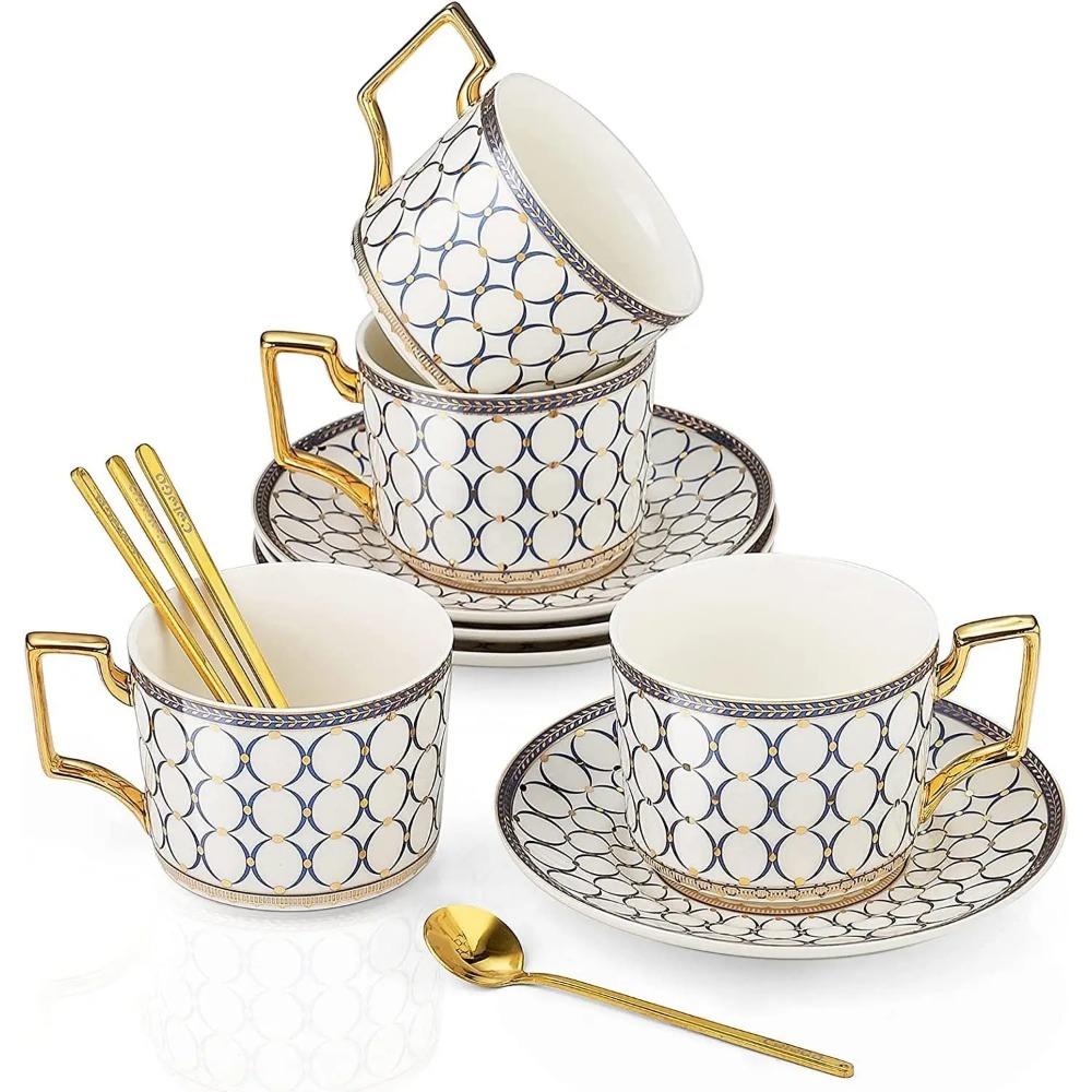 Cup Sets,15-Piece Porcelain Tea Cup and Saucer Set Service for 4Teapot,Sugar Bowl,Creamer Pitcher and Spoons, Tea Gifts Sets