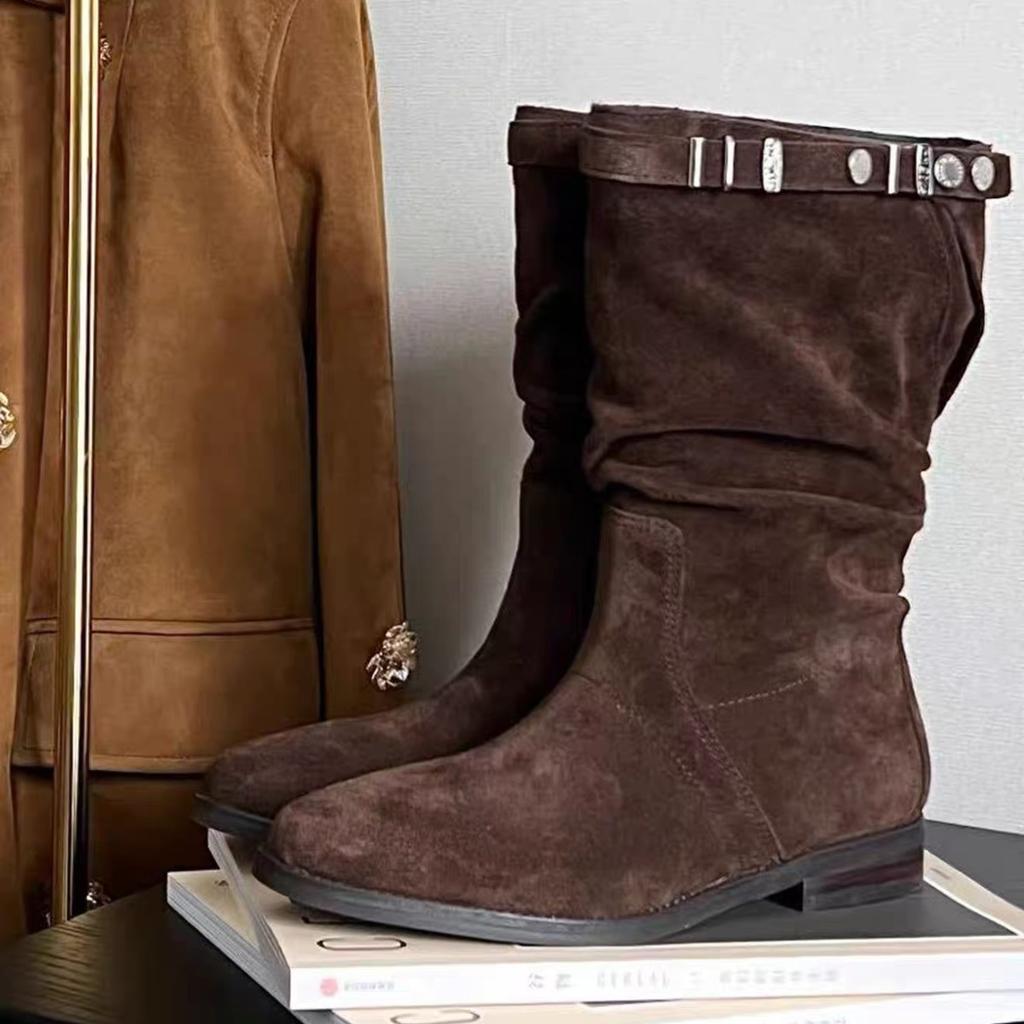 Cowhide Edition Wilderness Pastoral Vintage Western Boots 2025 Autumn and Winter Boots Versatile Flat-bottomed Knight Boots Pleated Pile Boots