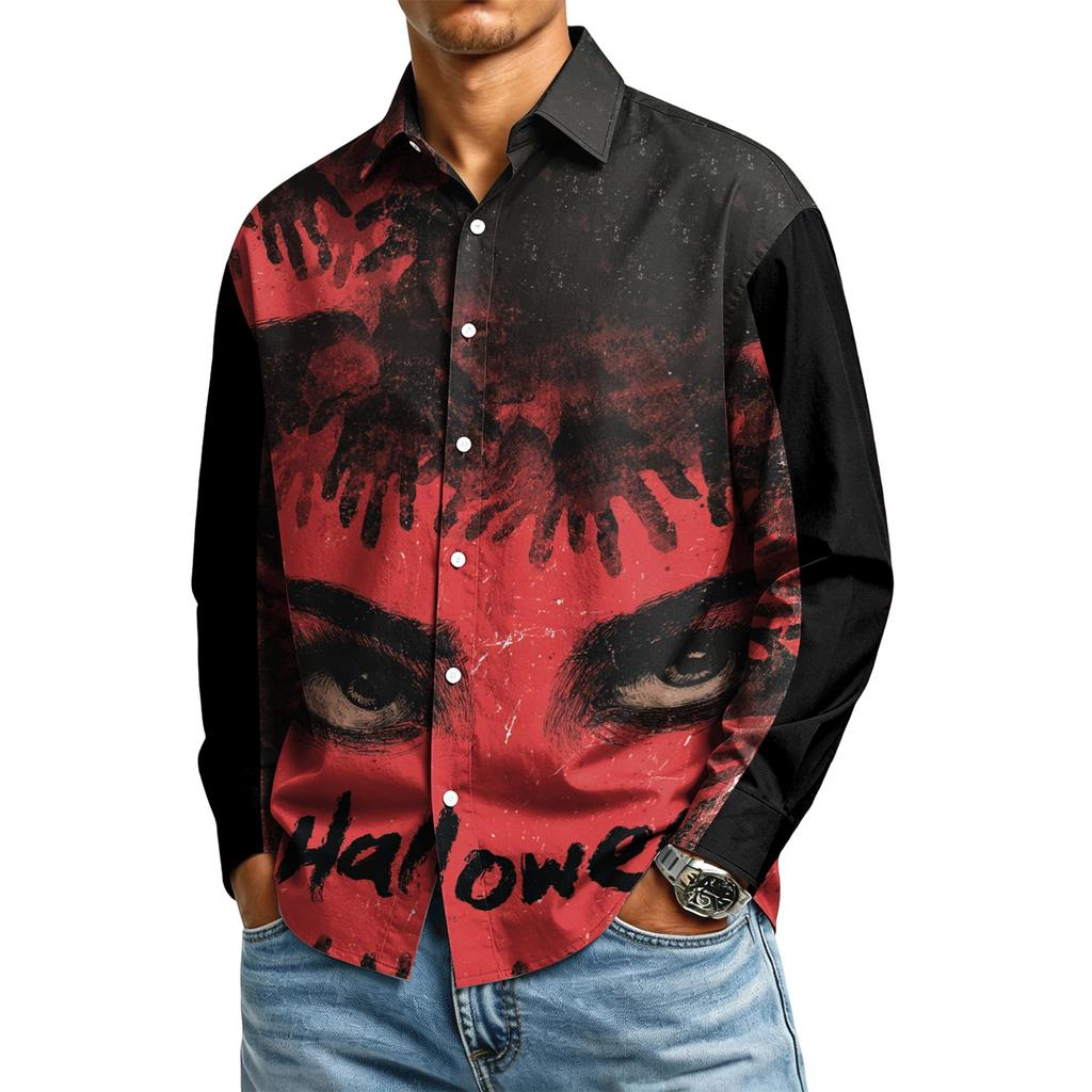 Men's Long Sleeve Button Down Shirt Halloween Print Casual Fit Shirt for Party