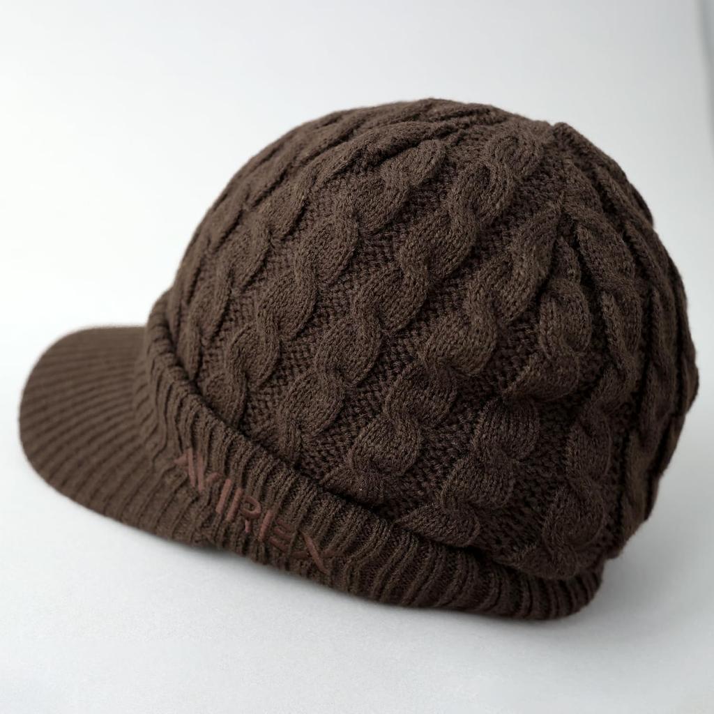 AVIREX cable knit knit cap with perfect for men and size 023 loose-fit brim, women, winter, brown,