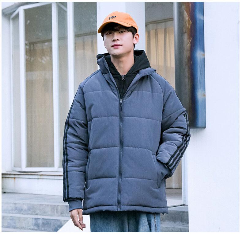 

Фальшивый двухпредметный свитер, пальто с хлопковой набивкой для мужчин и женщин, утолщенная флисовая куртка с хлопковой набивкой, короткая классическая куртка с капюшоном и тремя полосками 3XL серый