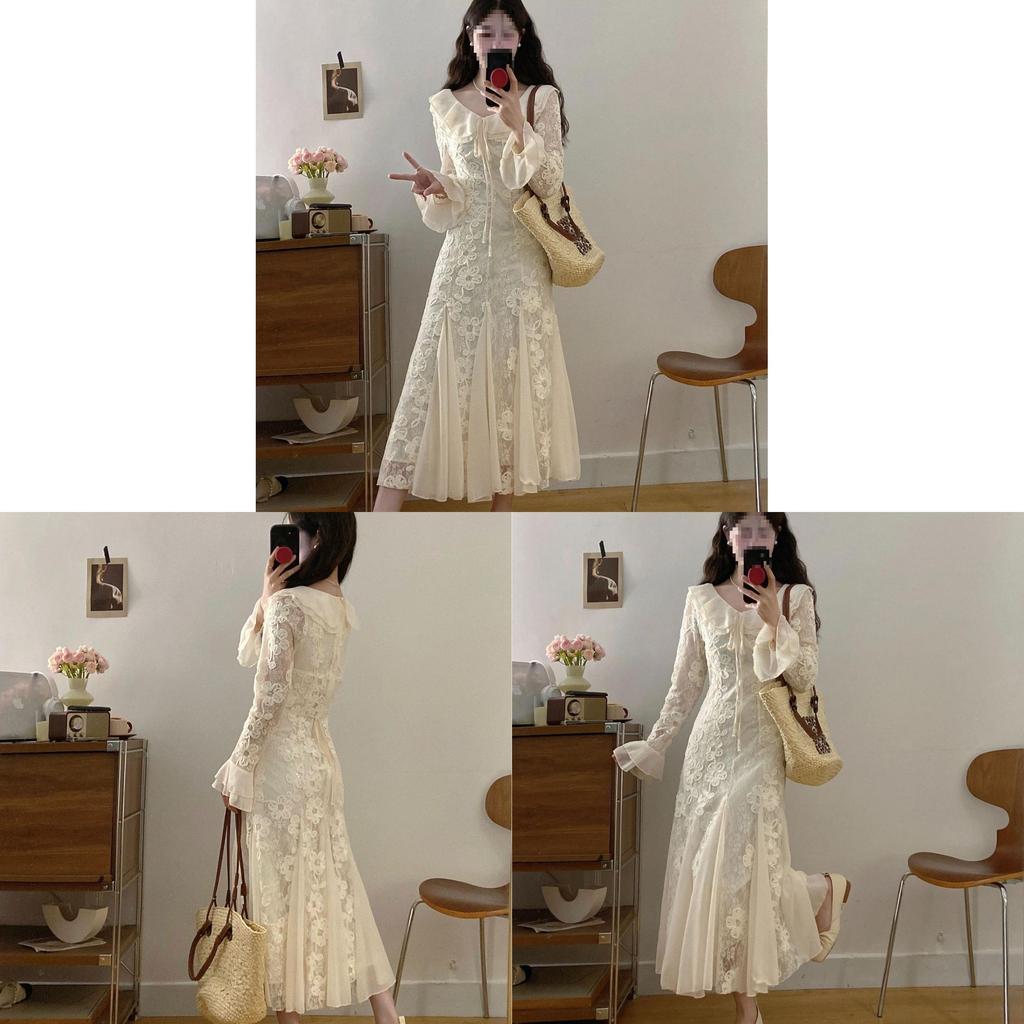 French Elegant Long Sleeve Dress With Knit Fabric And Ruffle Details For Spring Fashion