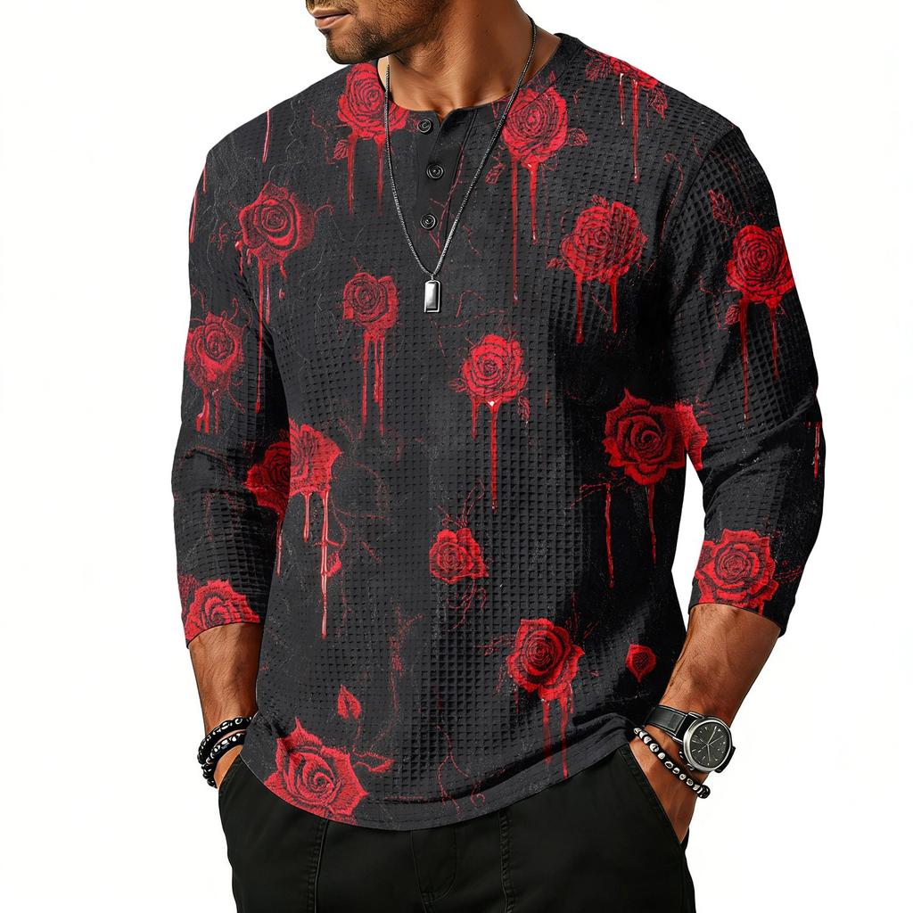 Men's Casual Halloween Print Henley Shirt Raglan Three Quarter Sleeve Top Lightweight Breathable Fabric Comfortable Fit