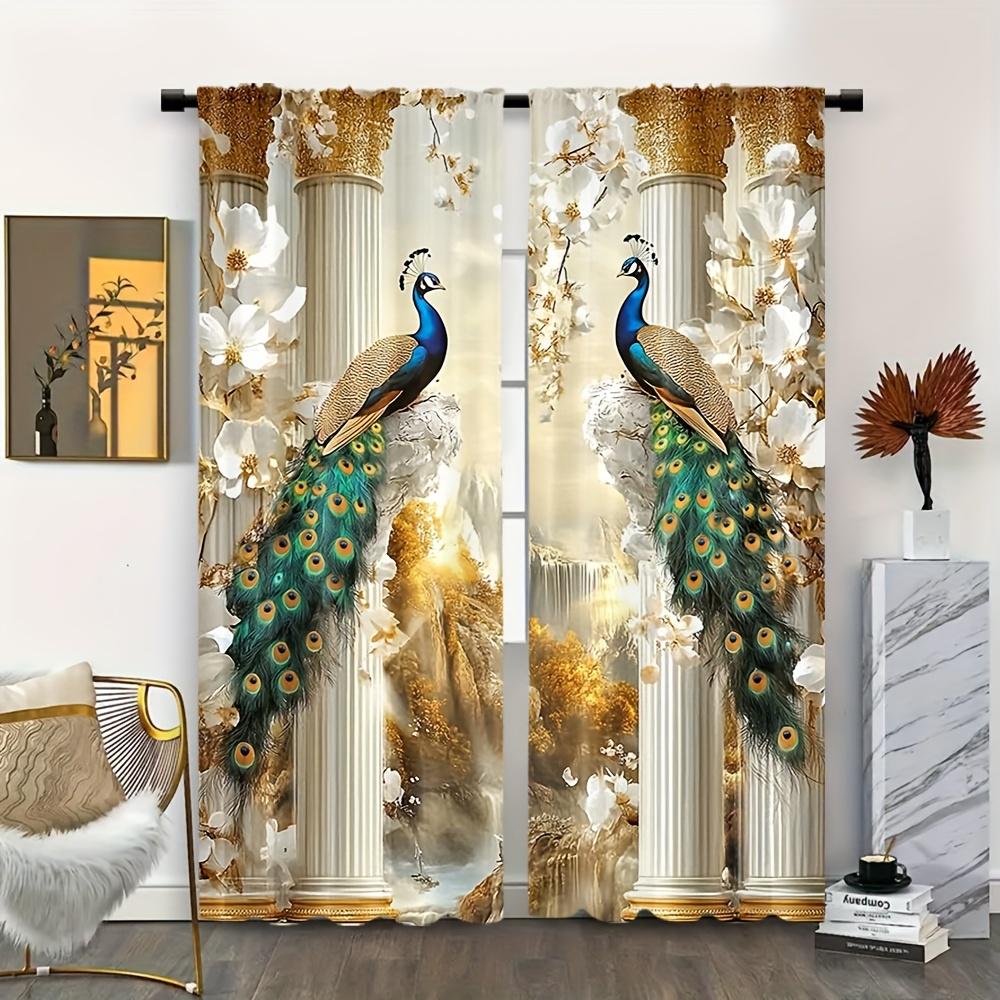 2pcs 2D Flat Gold Peacock Print Curtains – for Bedroom & Living Room   Multiple Sizes Available